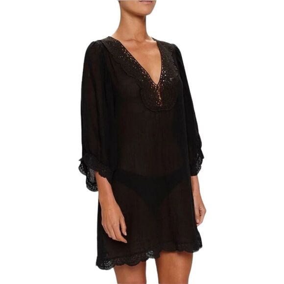 Eberjey Sol Celeste Short Sleeve V-Neck Lace Tunic Swim Coverup Gauze Oversized - Picture 1 of 15